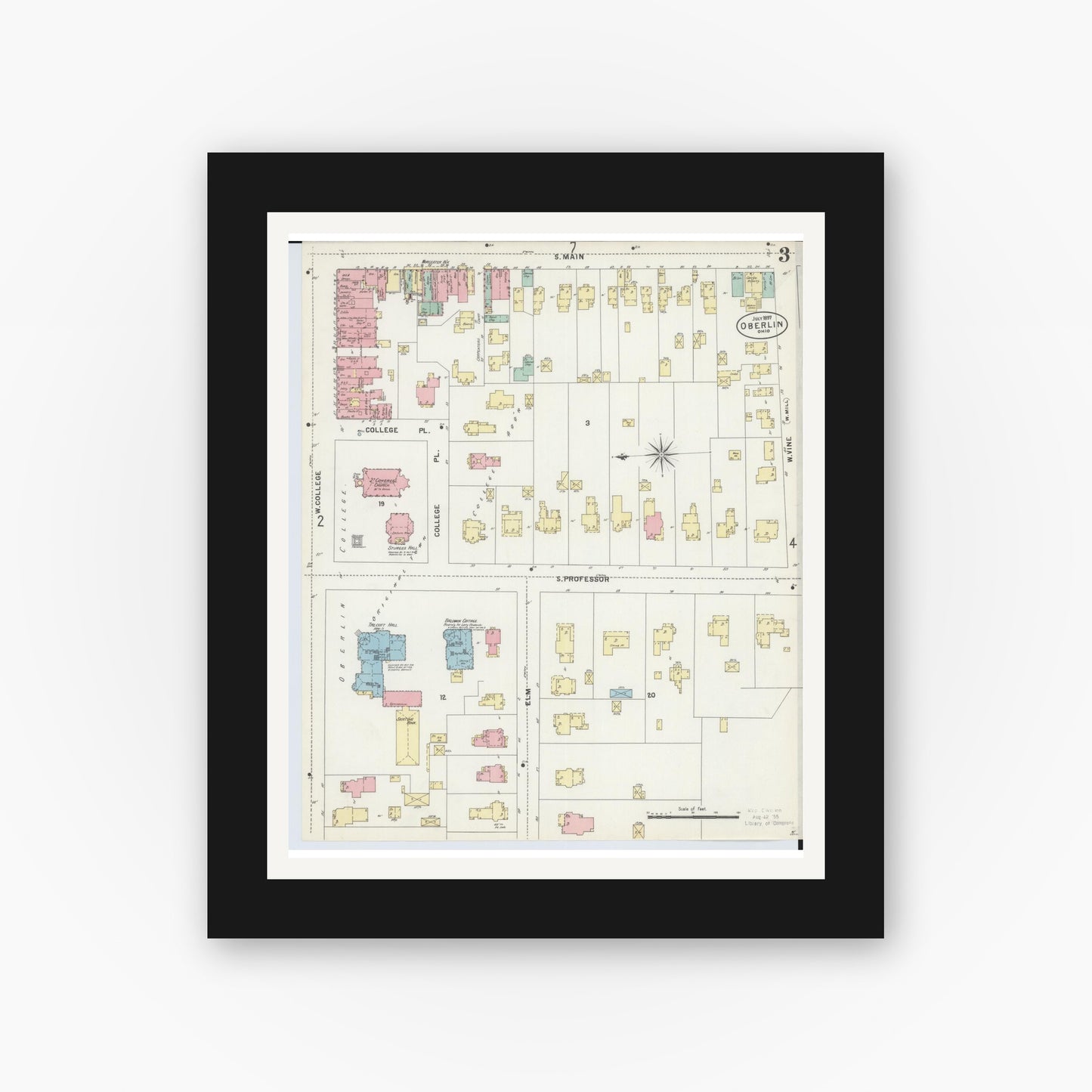 Old map wall art mockup — black gallery frame with white mat — Sanborn Fire Insurance Map from Oberlin, Lorain County, Ohio (1897), Sheet #0003