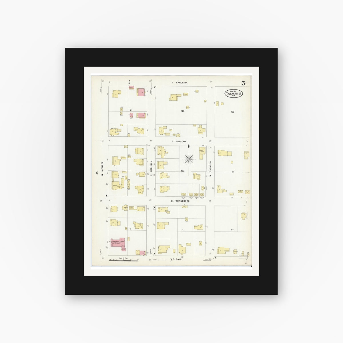 Old map wall art mockup — black gallery frame with white mat — Sanborn Fire Insurance Map from Tallahassee, Leon County, Florida (1909), Sheet #0005