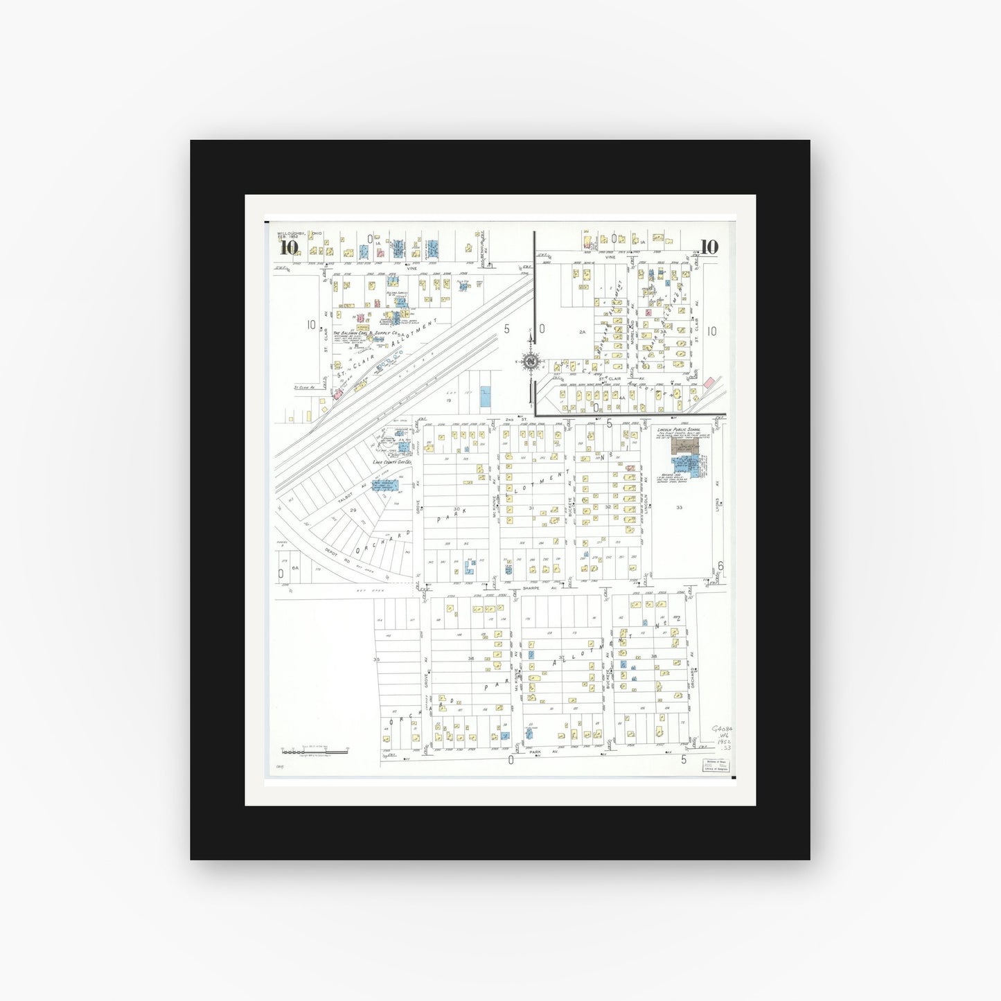 Old map wall art mockup — black gallery frame with white mat — Sanborn Fire Insurance Map from Willoughby, Lake County, Ohio (1952), Sheet #0010