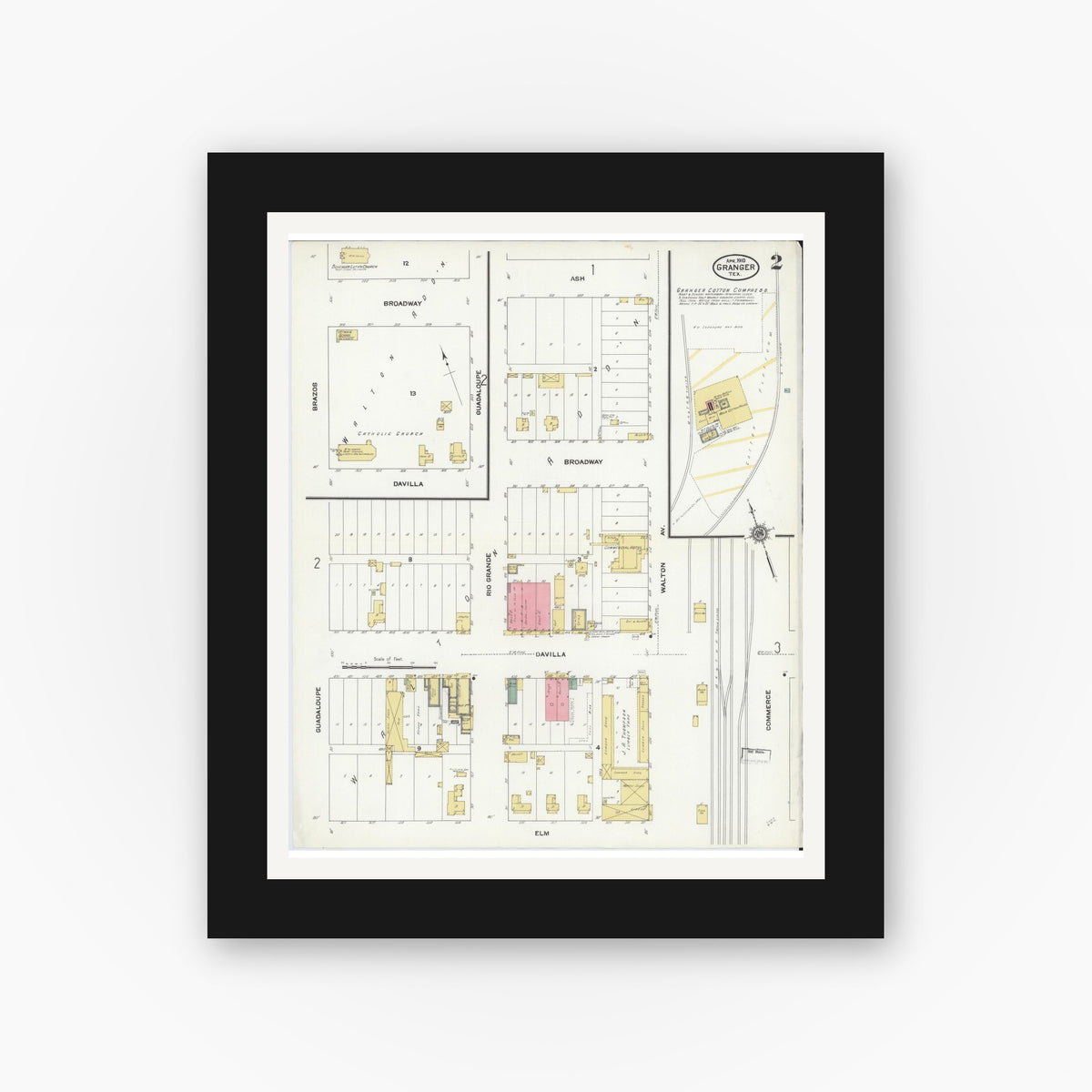 Old map wall art mockup — black gallery frame with white mat — Sanborn Fire Insurance Map from Granger, Williamson County, Texas (1910), Sheet #0002