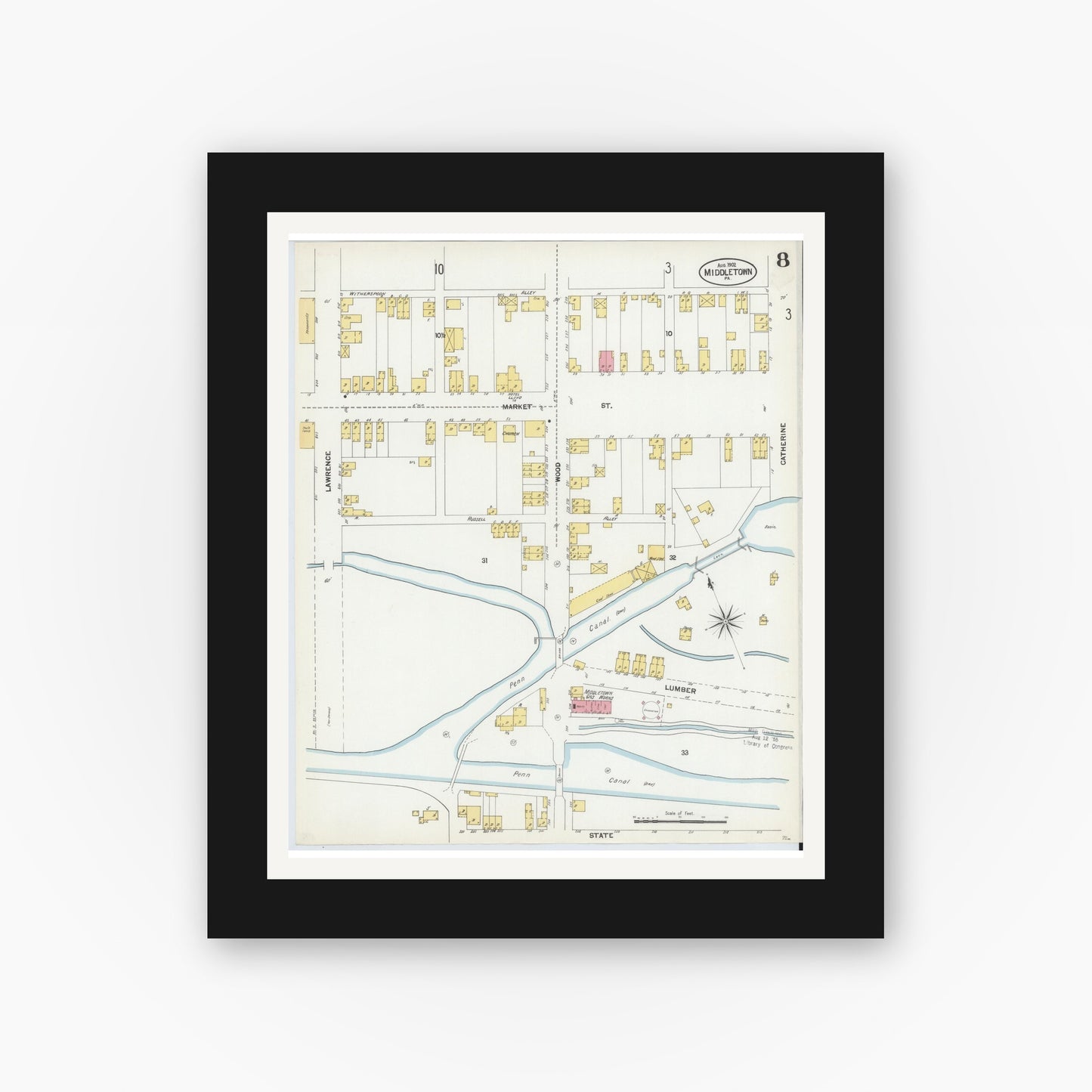 Old map wall art mockup — black gallery frame with white mat — Sanborn Fire Insurance Map from Middletown, Dauphin County, Pennsylvania (1902), Sheet #0008