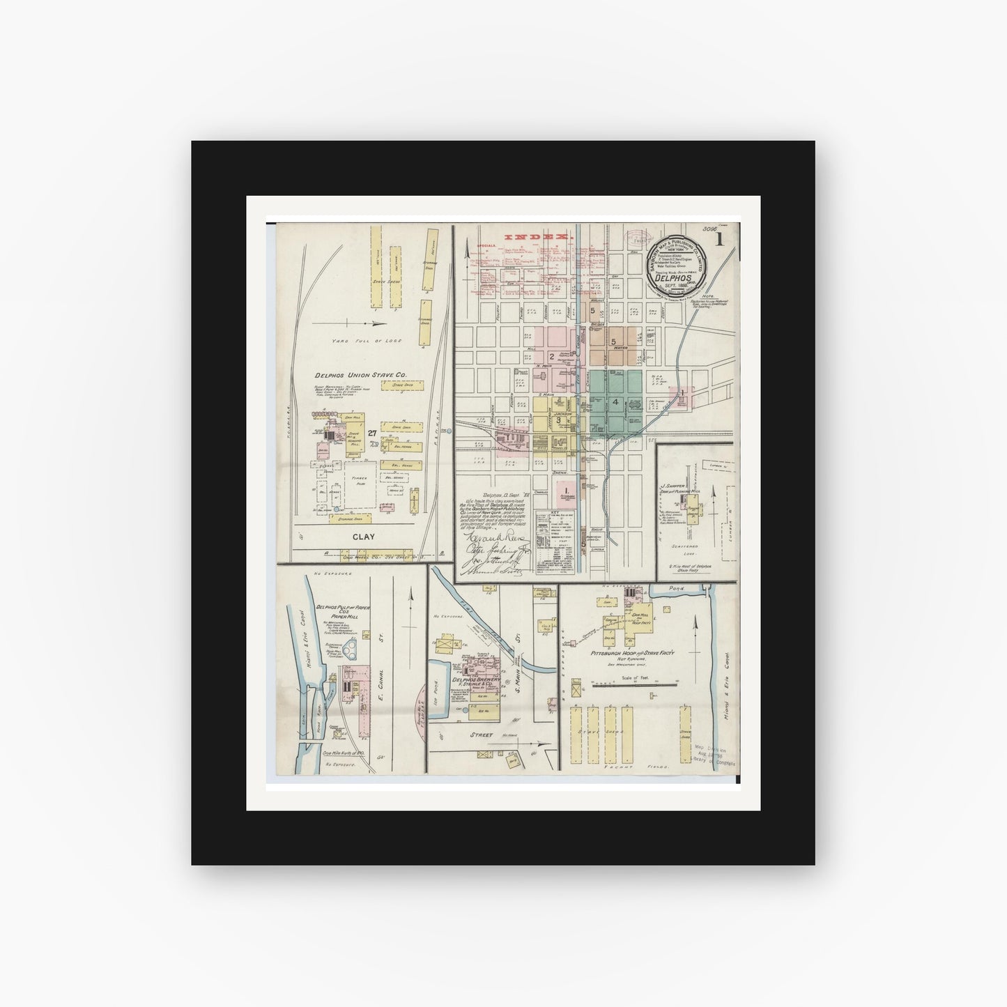 Old map wall art mockup — black gallery frame with white mat — Sanborn Fire Insurance Map from Delphos, Van Wert And Allen Counties, Ohio (1888), Sheet #0001