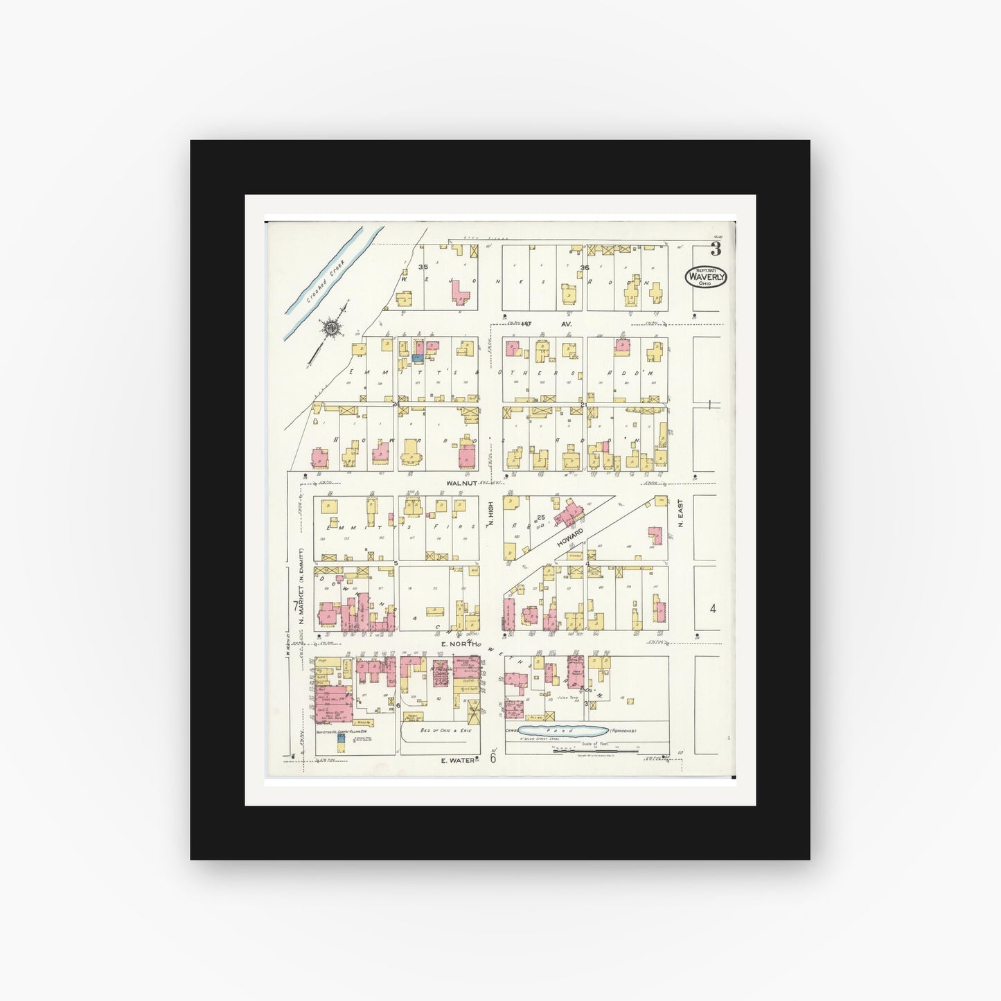 Old map wall art mockup — black gallery frame with white mat — Sanborn Fire Insurance Map from Waverly, Pike County, Ohio (1921), Sheet #0003