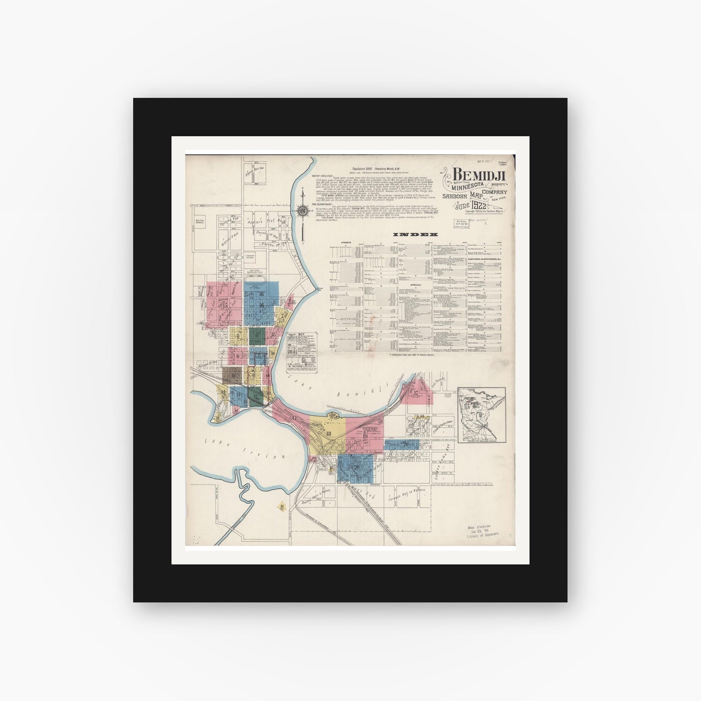 Old map wall art mockup — black gallery frame with white mat — Sanborn Fire Insurance Map from Bemidji, Beltrami County, Minnesota (1922), Sheet #0001