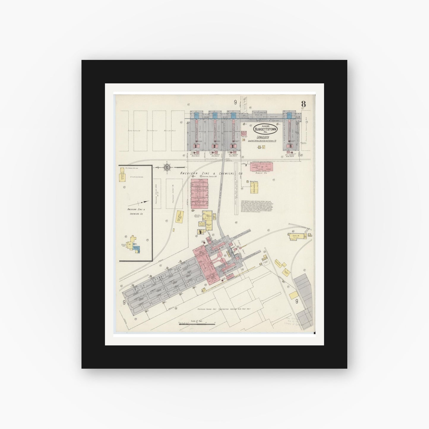 Old map wall art mockup — black gallery frame with white mat — Sanborn Fire Insurance Map from Burgettstown, Washington County, Pennsylvania (1915), Sheet #0008