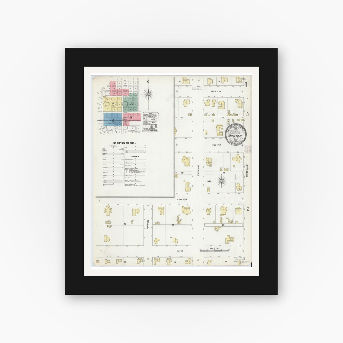 Old map wall art mockup — black gallery frame with white mat — Sanborn Fire Insurance Map from Mineola, Wood County, Texas (1906) - Complete Map Set