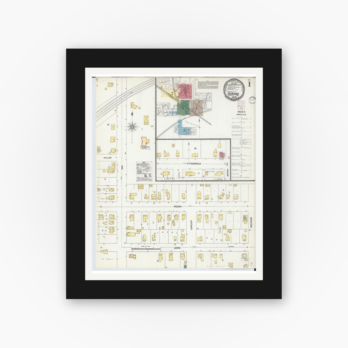 Old map wall art mockup — black gallery frame with white mat — Sanborn Fire Insurance Map from Durand, Shiawassee County, Michigan (1901), Sheet #0001