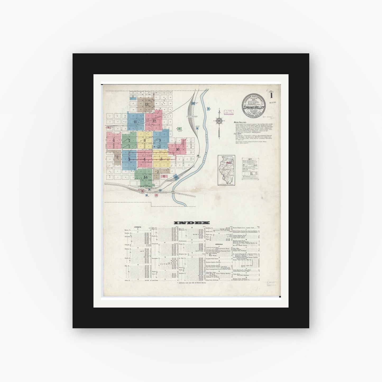 Old map wall art mockup — black gallery frame with white mat — Sanborn Fire Insurance Map from Spring Valley, Bureau County, Illinois (1913) - Complete Map Set