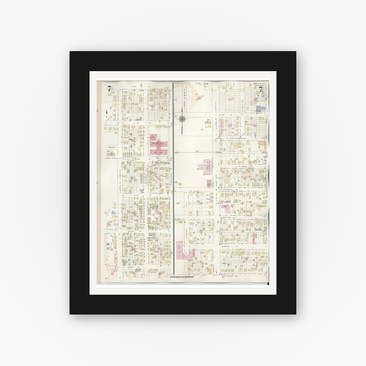 Old map wall art mockup — black gallery frame with white mat — Sanborn Fire Insurance Map from Borger, Hutchinson County, Texas (1950), Sheet #0007