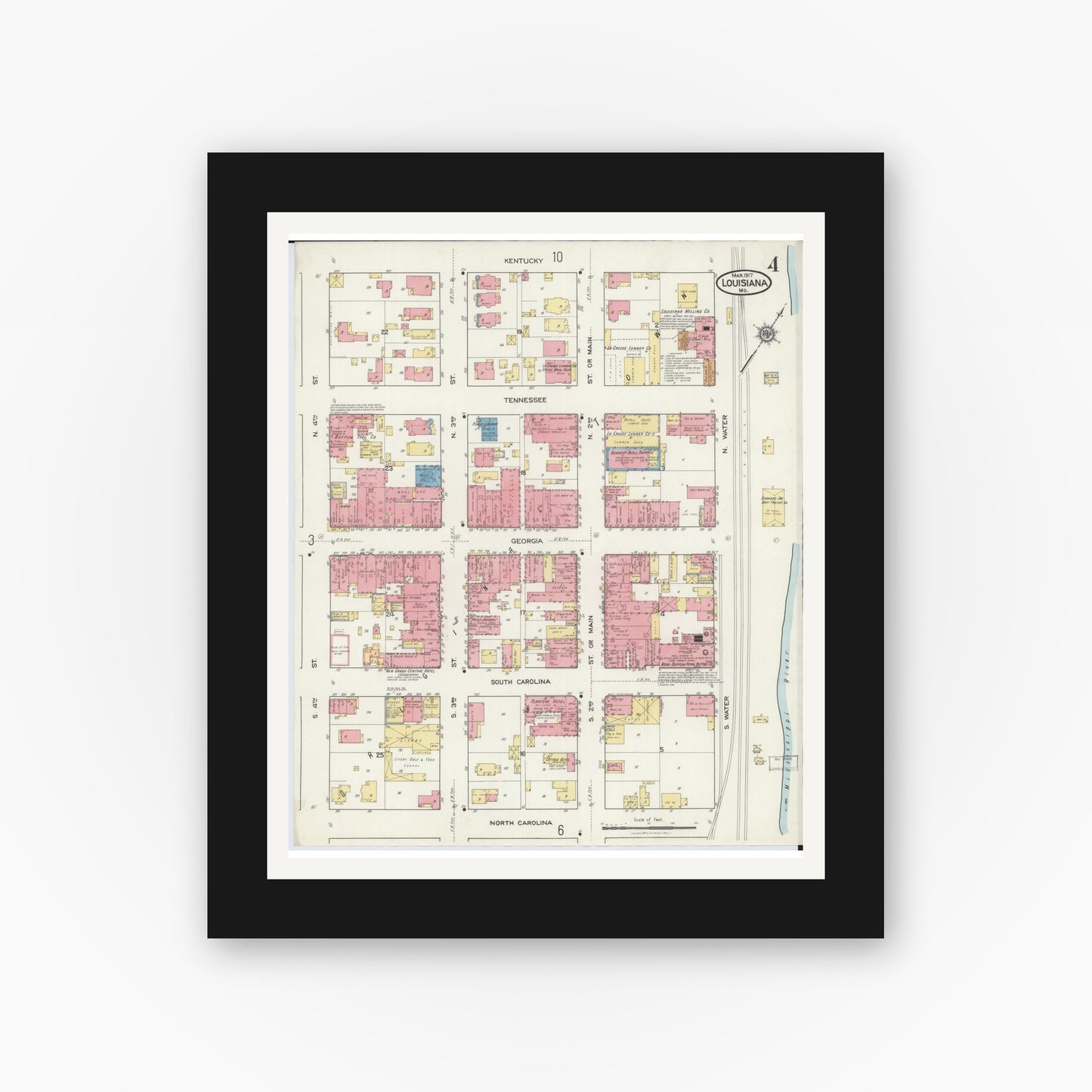 Old map wall art mockup — black gallery frame with white mat — Sanborn Fire Insurance Map from Louisiana, Pike County, Missouri (1917), Sheet #0004