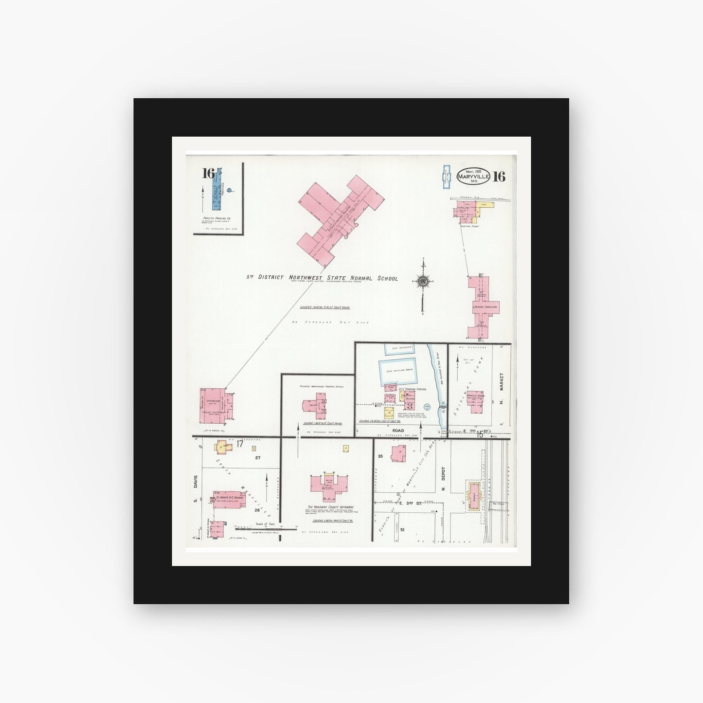 Old map wall art mockup — black gallery frame with white mat — Sanborn Fire Insurance Map from Maryville, Nodaway County, Missouri (1925), Sheet #0016