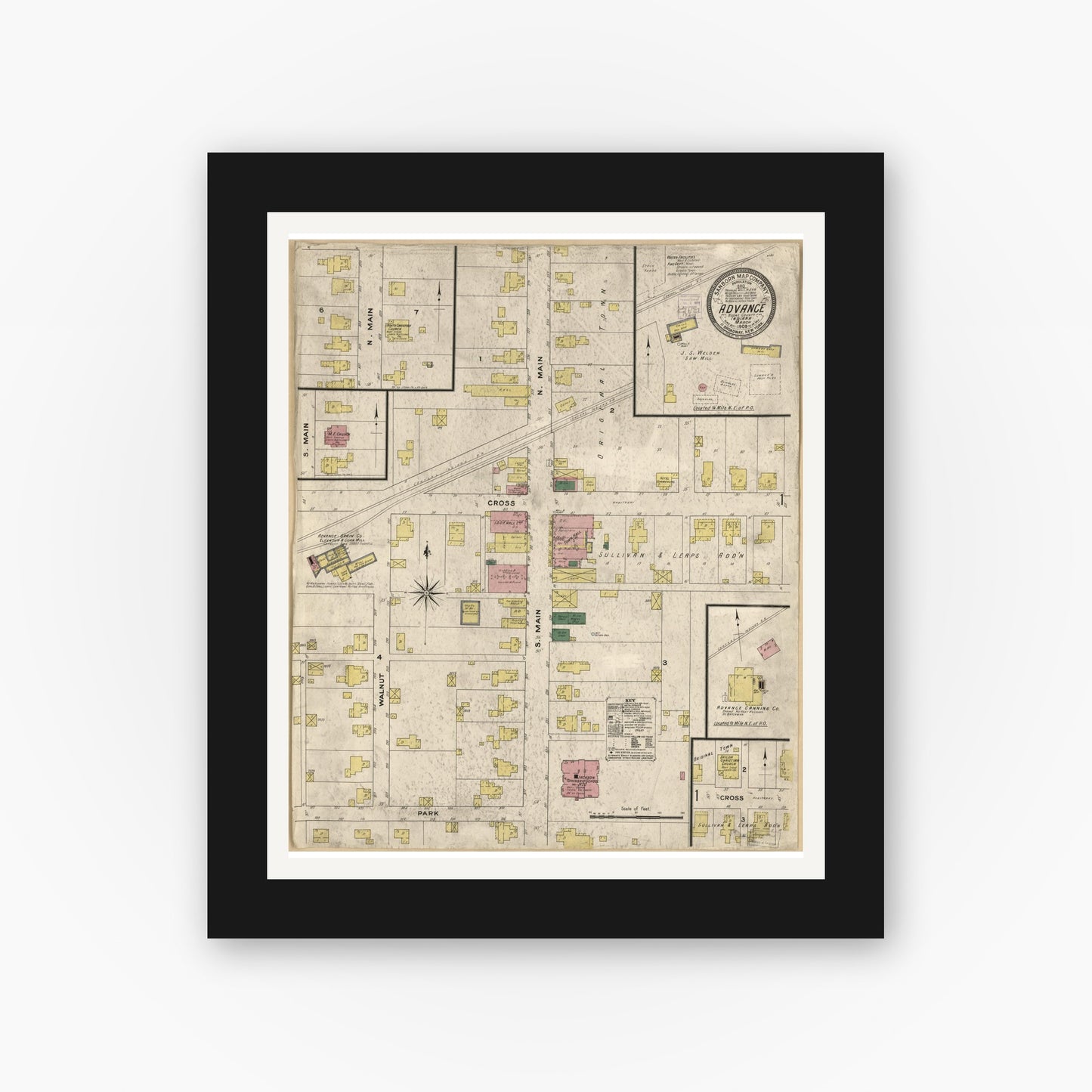 Old map wall art mockup — black gallery frame with white mat — Sanborn Fire Insurance Map from Advance, Boone County, Indiana (1909), Sheet #0001