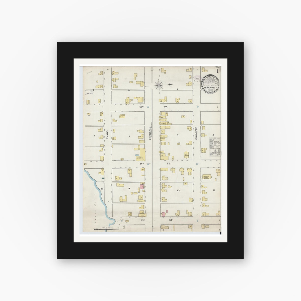 Old map wall art mockup — black gallery frame with white mat — Sanborn Fire Insurance Map from Morehead City, Carteret County, North Carolina (1893), Sheet #0001