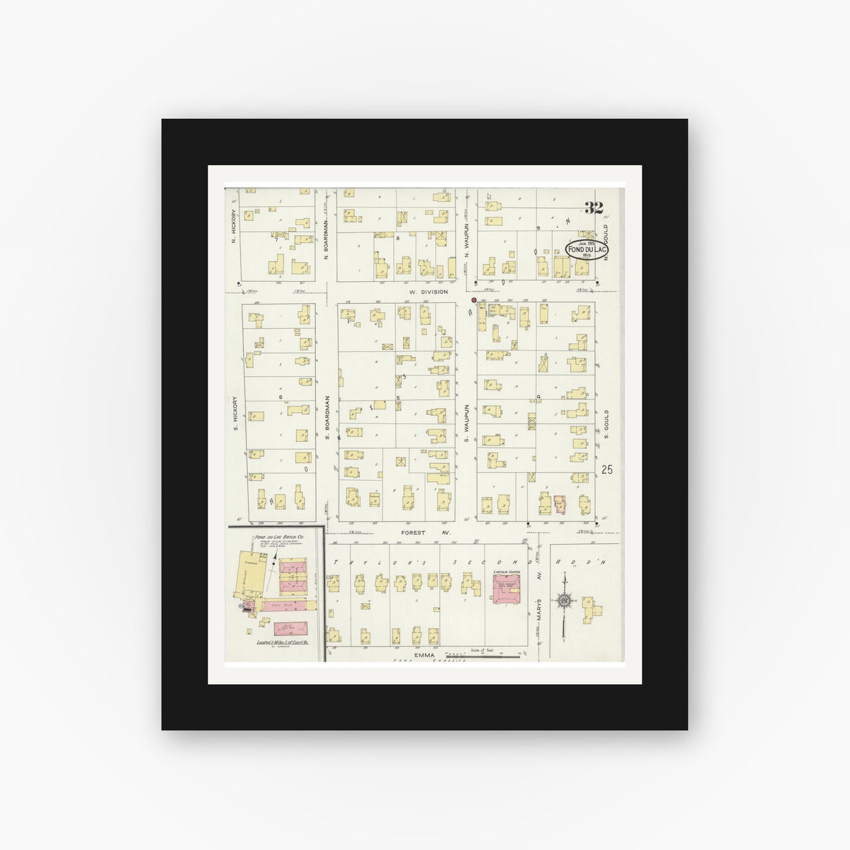 Old map wall art mockup — black gallery frame with white mat — Sanborn Fire Insurance Map from Fond du Lac, Fond du Lac County, Wisconsin (1915), Sheet #0032