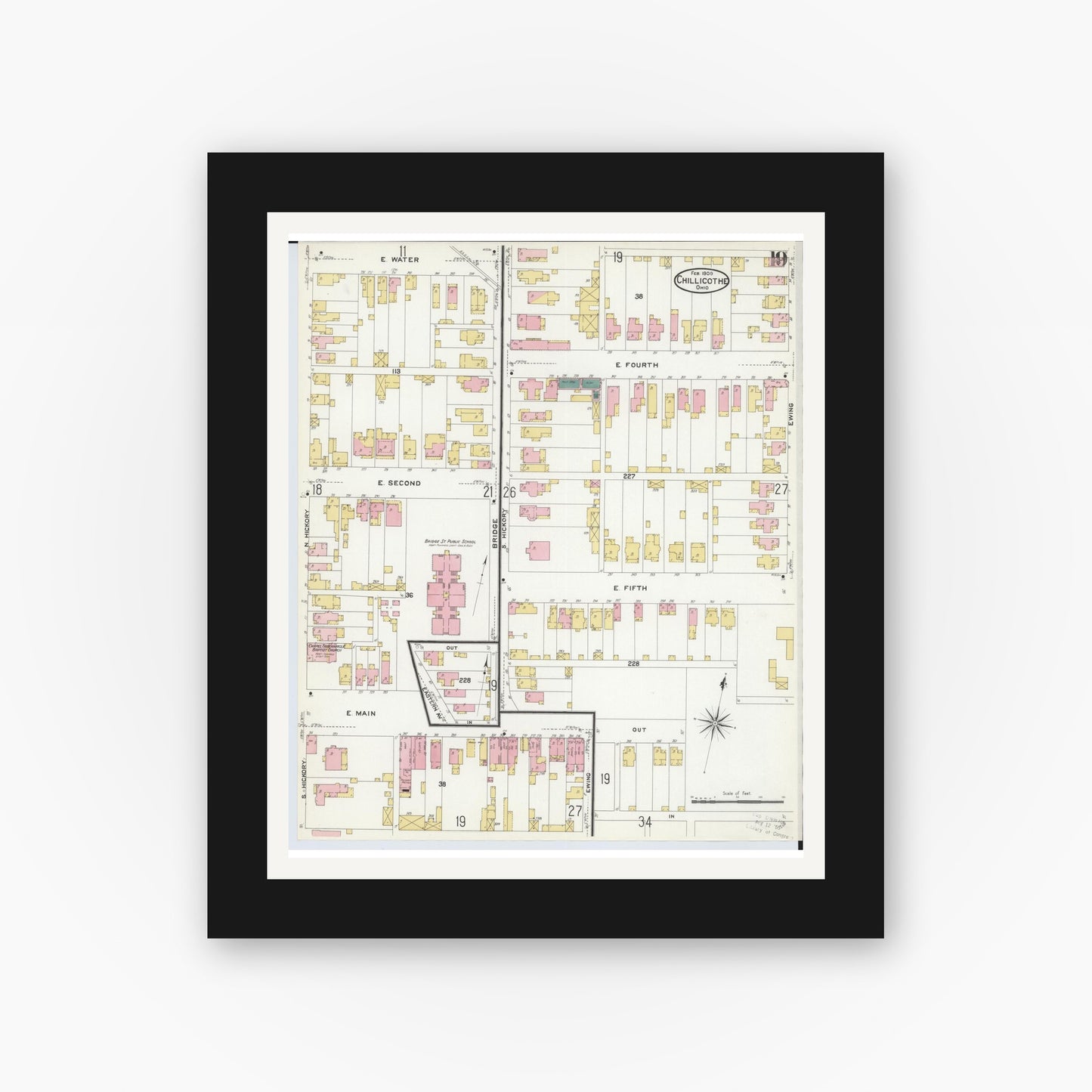 Old map wall art mockup — black gallery frame with white mat — Sanborn Fire Insurance Map from Chillicothe, Ross County, Ohio (1909), Sheet #0019
