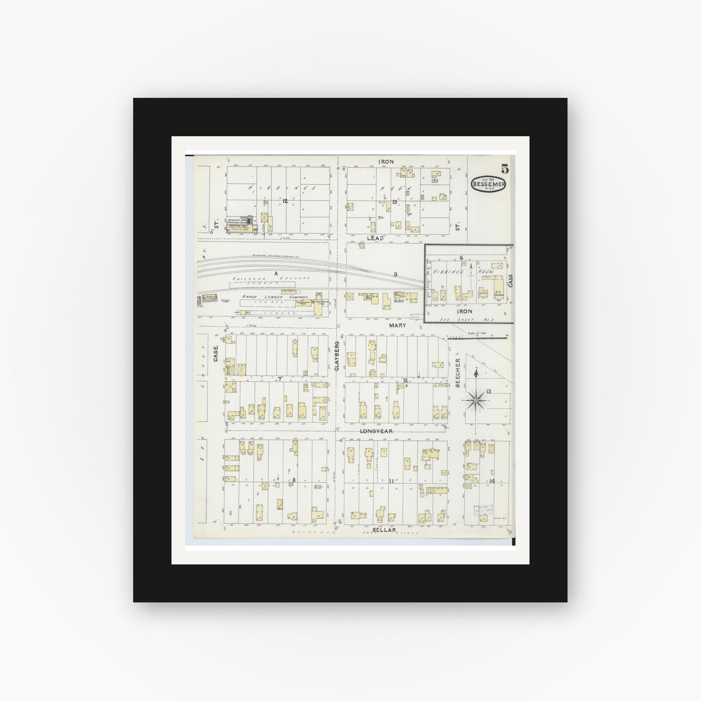 Old map wall art mockup — black gallery frame with white mat — Sanborn Fire Insurance Map from Bessemer, Gogebic County, Michigan (1891), Sheet #0005