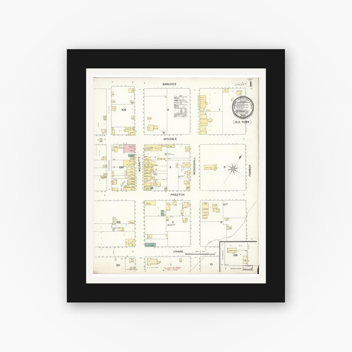 Old map wall art mockup — black gallery frame with white mat — Sanborn Fire Insurance Map from Castroville, Monterey County, California (1892), Sheet #0001