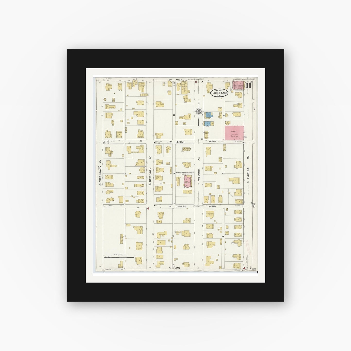 Old map wall art mockup — black gallery frame with white mat — Sanborn Fire Insurance Map from Lakeland, Polk County, Florida (1917), Sheet #0011