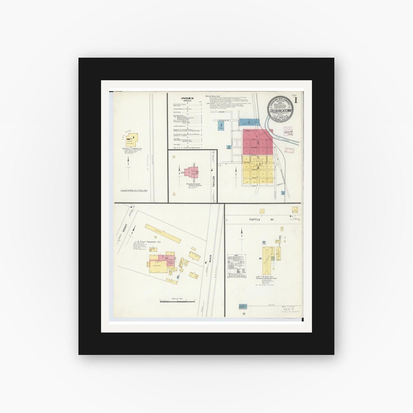 Old map wall art mockup β black gallery frame with white mat β Sanborn Fire Insurance Map from Fredericktown, Knox County, Ohio (1908) - Complete Map Set