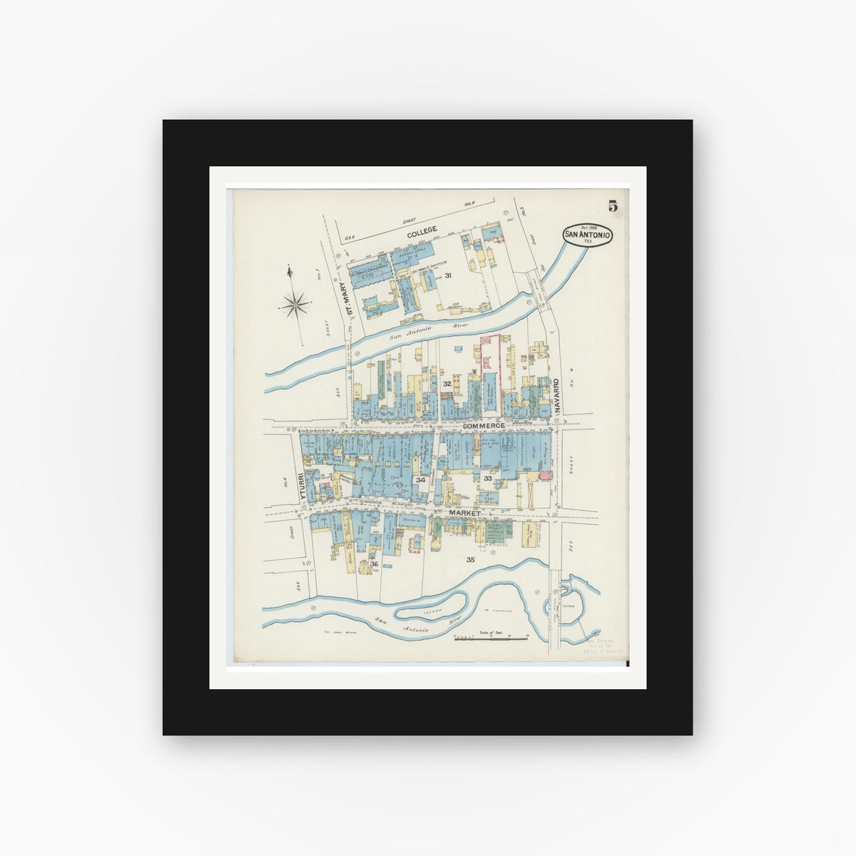 Old map wall art mockup — black gallery frame with white mat — Sanborn Fire Insurance Map from San Antonio, Bexar County, Texas (1888), Sheet #0005