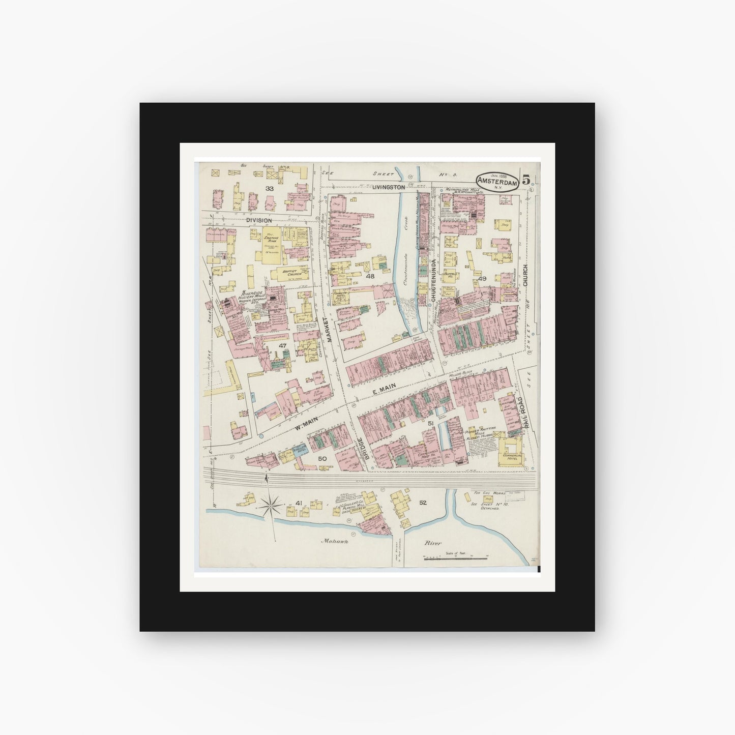 Old map wall art mockup — black gallery frame with white mat — Sanborn Fire Insurance Map from Amsterdam, Montgomery County, New York (1888), Sheet #0005