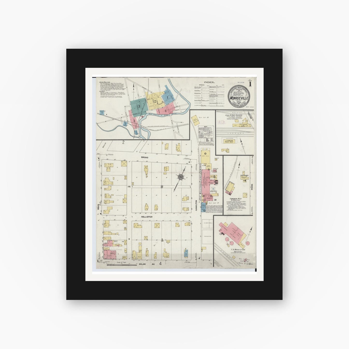 Old map wall art mockup — black gallery frame with white mat — Sanborn Fire Insurance Map from Monroeville, Huron County, Ohio (1911), Sheet #0001