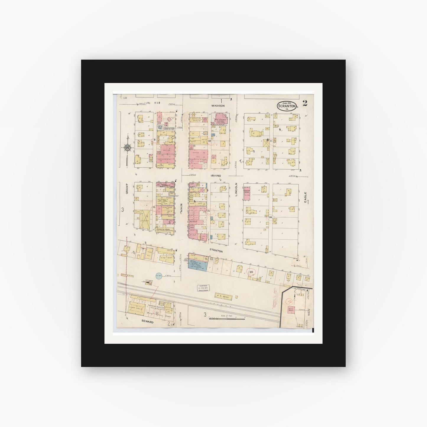 Old map wall art mockup — black gallery frame with white mat — Sanborn Fire Insurance Map from Scranton, Greene County, Iowa (1932), Sheet #0002