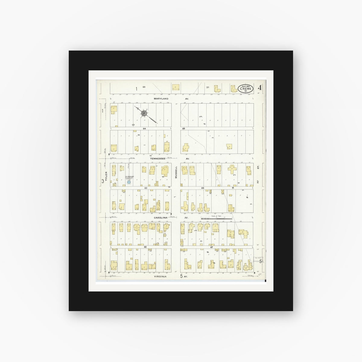 Old map wall art mockup — black gallery frame with white mat — Sanborn Fire Insurance Map from Crewe, Nottoway County, Virginia (1909), Sheet #0004