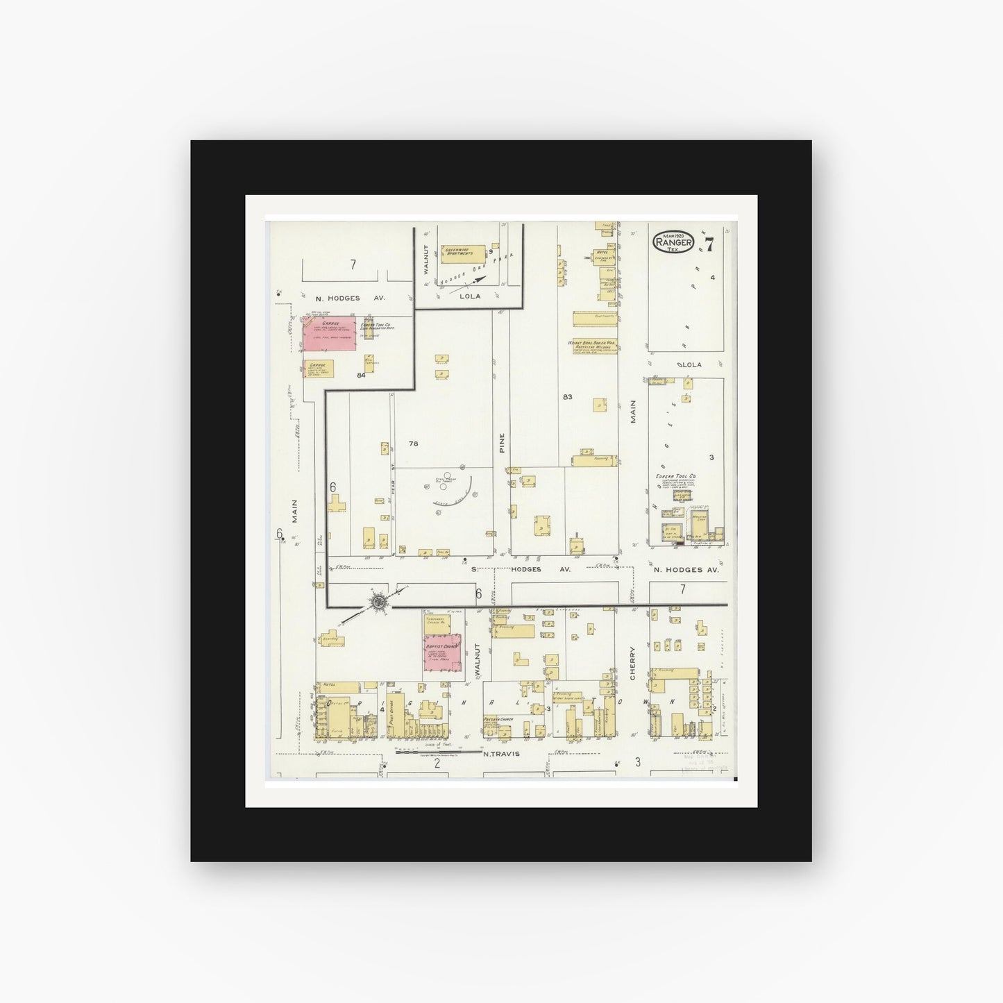 Old map wall art mockup — black gallery frame with white mat — Sanborn Fire Insurance Map from Ranger, Eastland County, Texas (1920), Sheet #0007