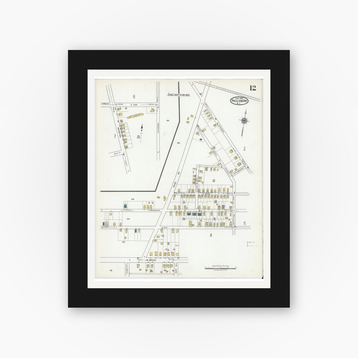 Old map wall art mockup — black gallery frame with white mat — Sanborn Fire Insurance Map from Paulsboro, Gloucester County, New Jersey (1920), Sheet #0012