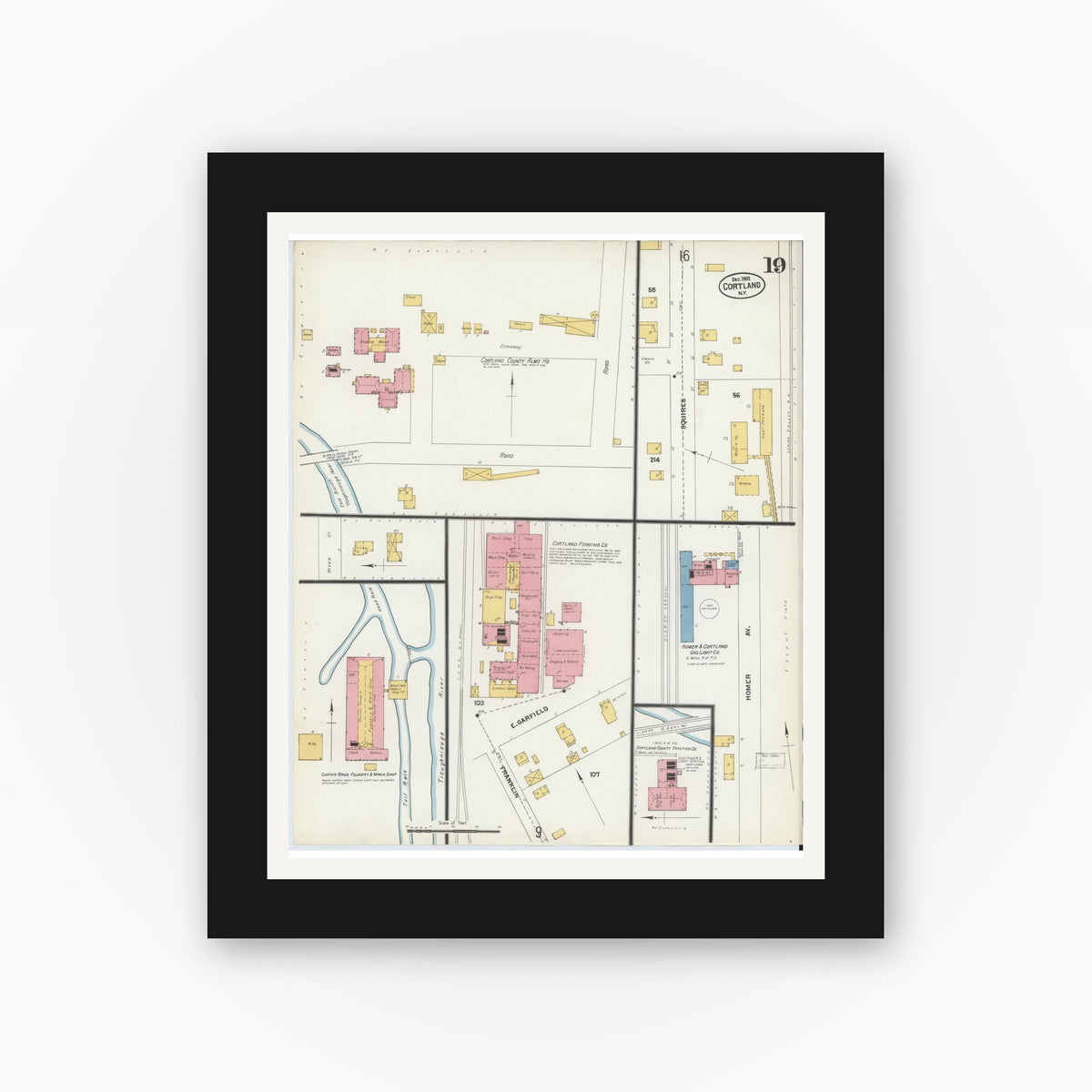 Old map wall art mockup — black gallery frame with white mat — Sanborn Fire Insurance Map from Cortland, Cortland County, New York (1902), Sheet #0019