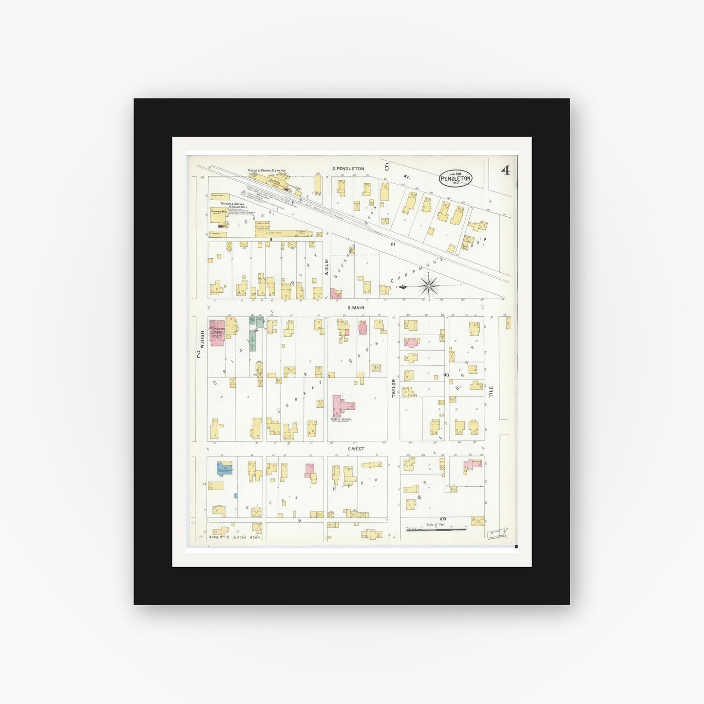 Old map wall art mockup — black gallery frame with white mat — Sanborn Fire Insurance Map from Pendleton, Madison County, Indiana (1908), Sheet #0004