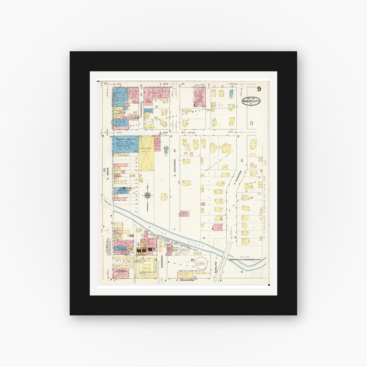 Old map wall art mockup — black gallery frame with white mat — Sanborn Fire Insurance Map from Mason City, Cerro Gordo County, Iowa (1915), Sheet #0009