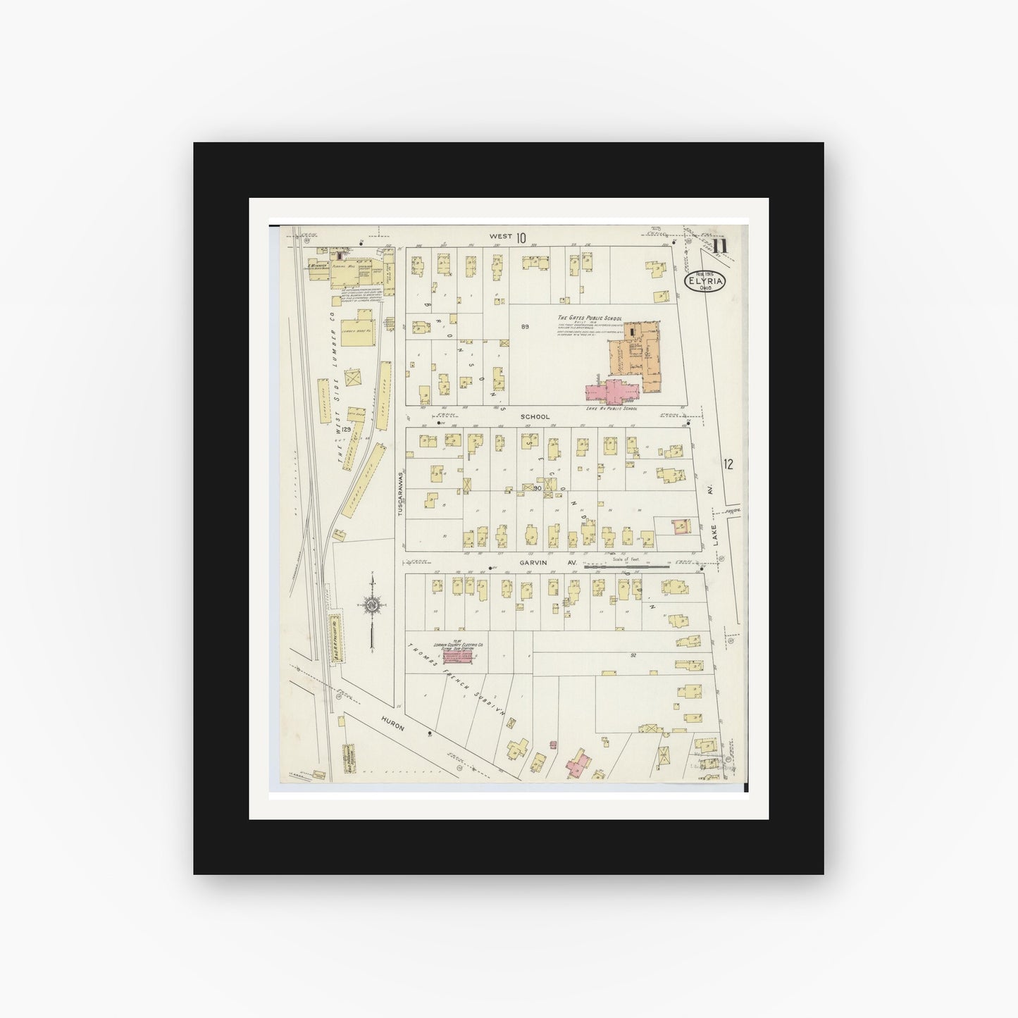 Old map wall art mockup — black gallery frame with white mat — Sanborn Fire Insurance Map from Elyria, Lorain County, Ohio (1915), Sheet #0011
