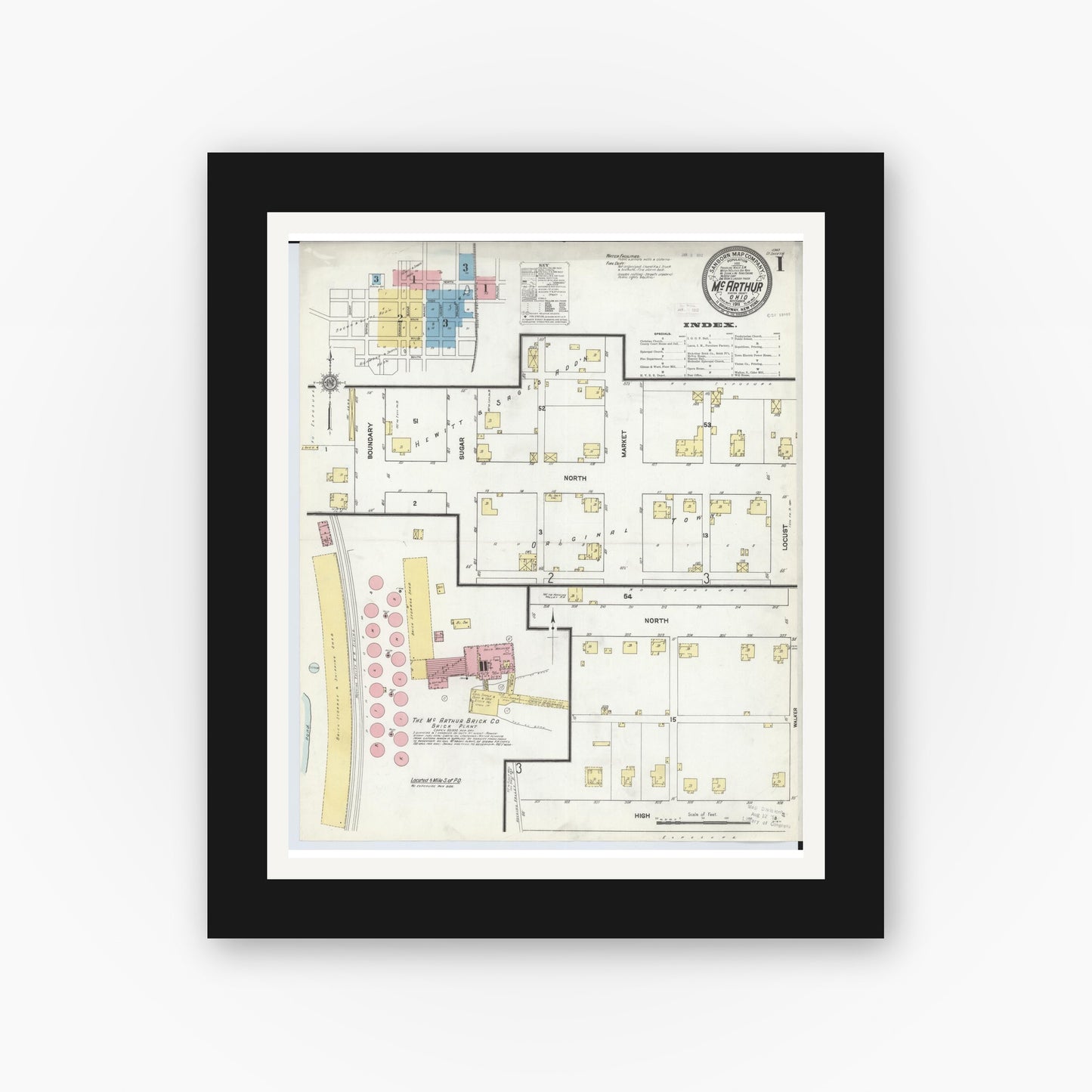 Old map wall art mockup β black gallery frame with white mat β Sanborn Fire Insurance Map from McArthur, Vinton County, Ohio (1911) - Complete Map Set