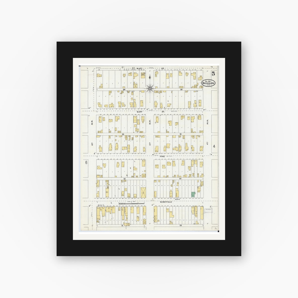 Old map wall art mockup — black gallery frame with white mat — Sanborn Fire Insurance Map from Washburn, Bayfield County, Wisconsin (1904), Sheet #0005