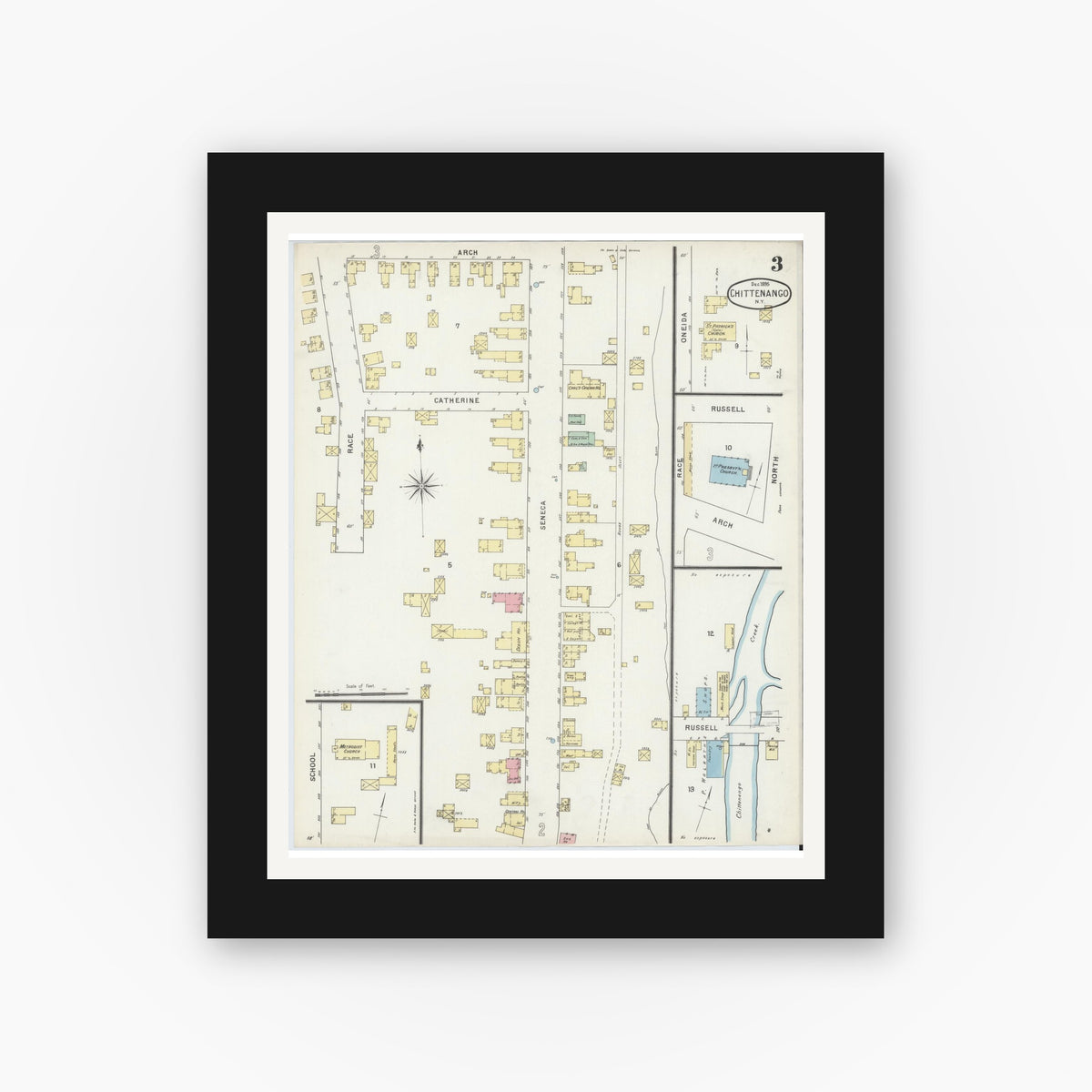 Old map wall art mockup — black gallery frame with white mat — Sanborn Fire Insurance Map from Chittenango, Madison County, New York (1895), Sheet #0003