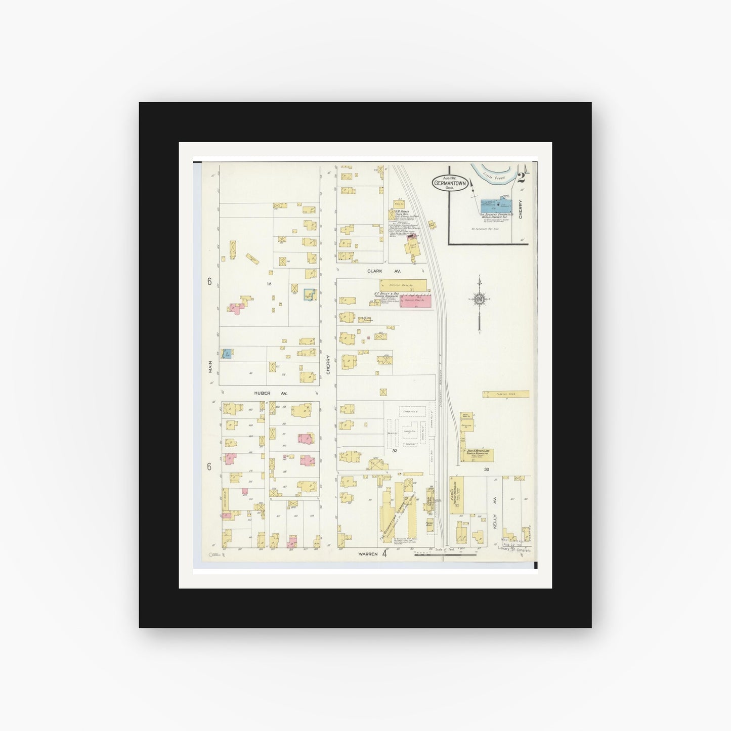 Old map wall art mockup — black gallery frame with white mat — Sanborn Fire Insurance Map from Germantown, Montgomery County, Ohio (1912), Sheet #0002