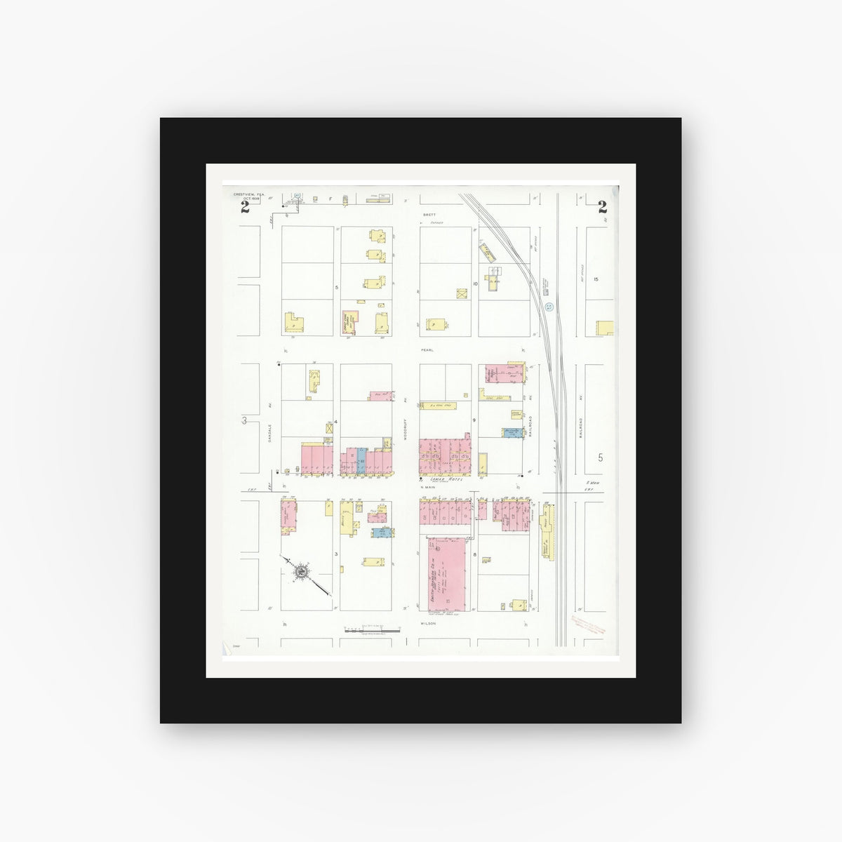 Old map wall art mockup — black gallery frame with white mat — Sanborn Fire Insurance Map from Crestview, Okaloosa County, Florida (1939), Sheet #0002