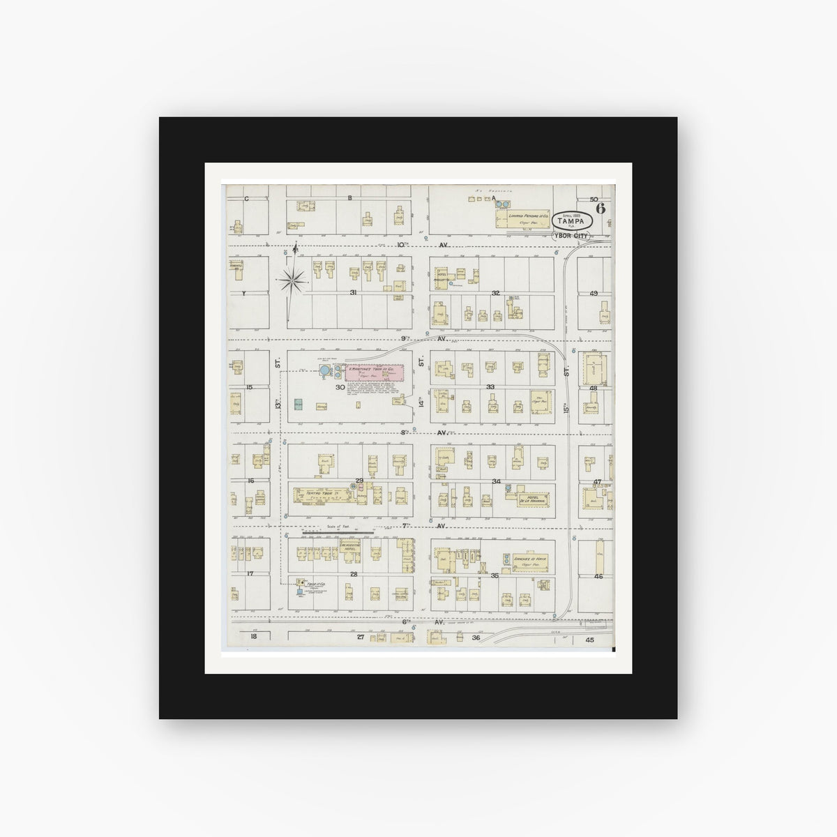 Old map wall art mockup — black gallery frame with white mat — Sanborn Fire Insurance Map from Tampa, Hillsborough County, Florida (1889), Sheet #0006