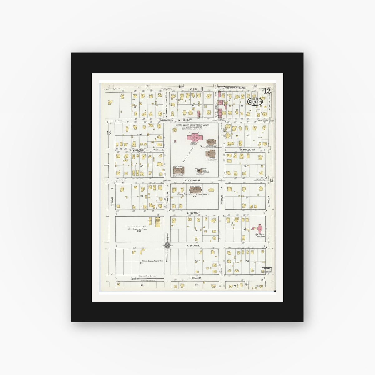 Old map wall art mockup — black gallery frame with white mat — Sanborn Fire Insurance Map from Denton, Denton County, Texas (1921), Sheet #0012