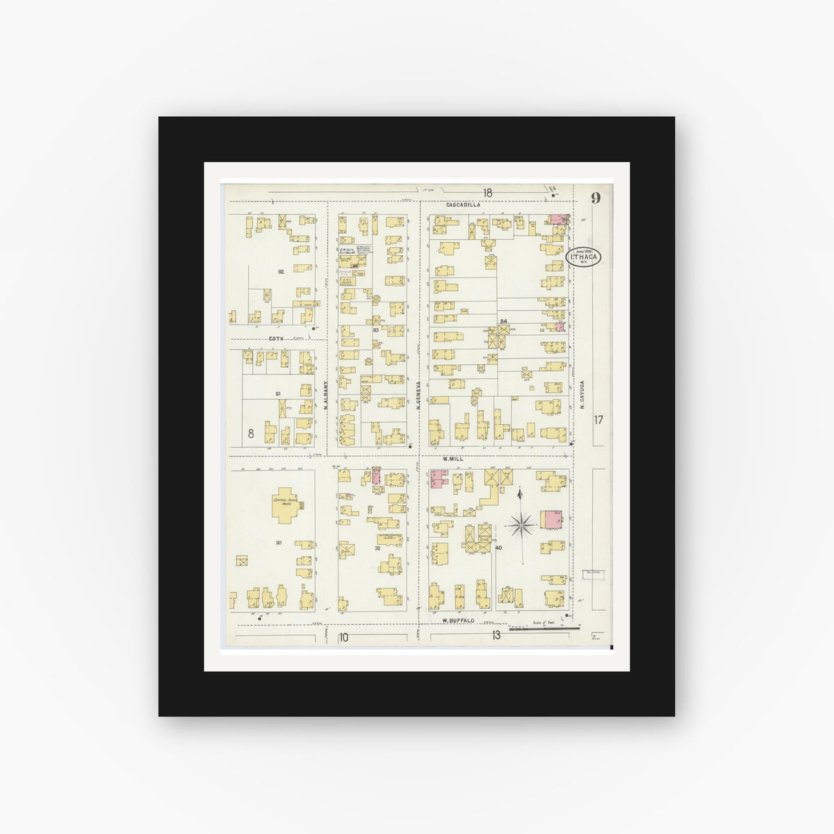 Old map wall art mockup — black gallery frame with white mat — Sanborn Fire Insurance Map from Ithaca, Tompkins County, New York (1898), Sheet #0009