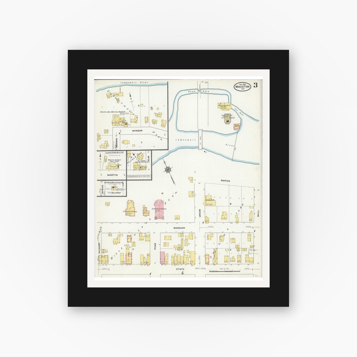 Old map wall art mockup — black gallery frame with white mat — Sanborn Fire Insurance Map from Mauston, Juneau County, Wisconsin (1909), Sheet #0003
