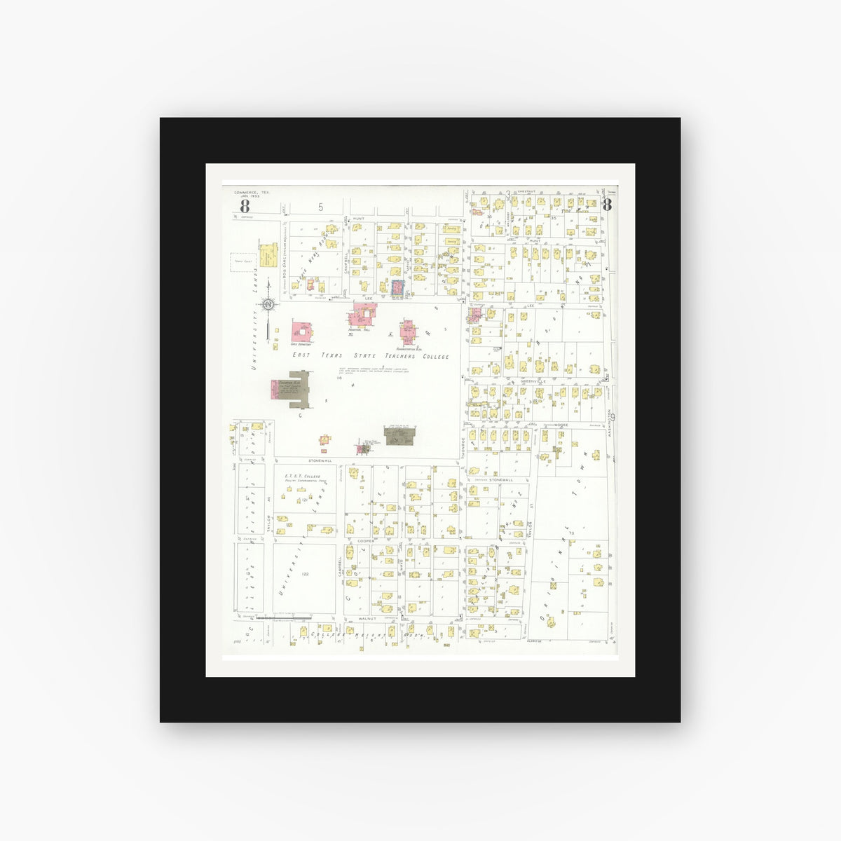 Old map wall art mockup — black gallery frame with white mat — Sanborn Fire Insurance Map from Commerce, Hunt County, Texas (1933), Sheet #0008