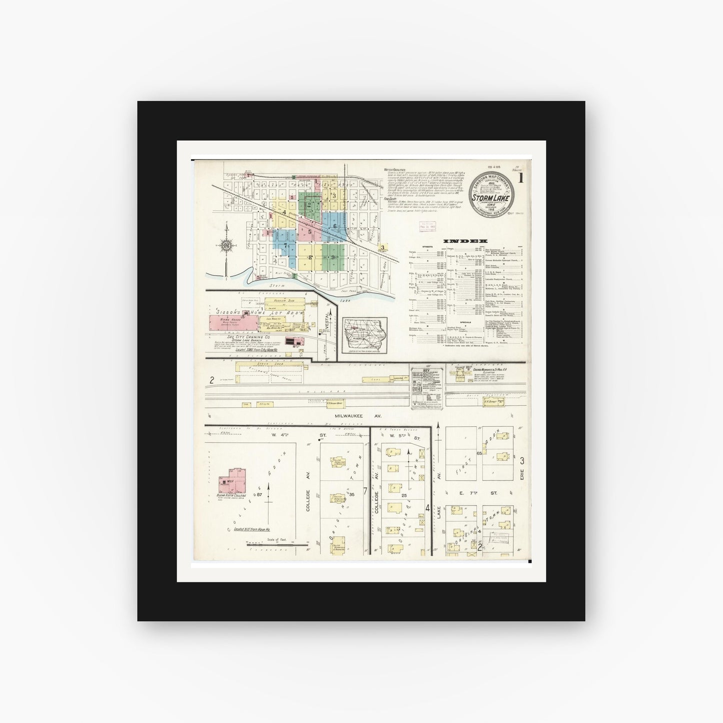 Old map wall art mockup β black gallery frame with white mat β Sanborn Fire Insurance Map from Storm Lake, Buena Vista County, Iowa (1914), Sheet #0001