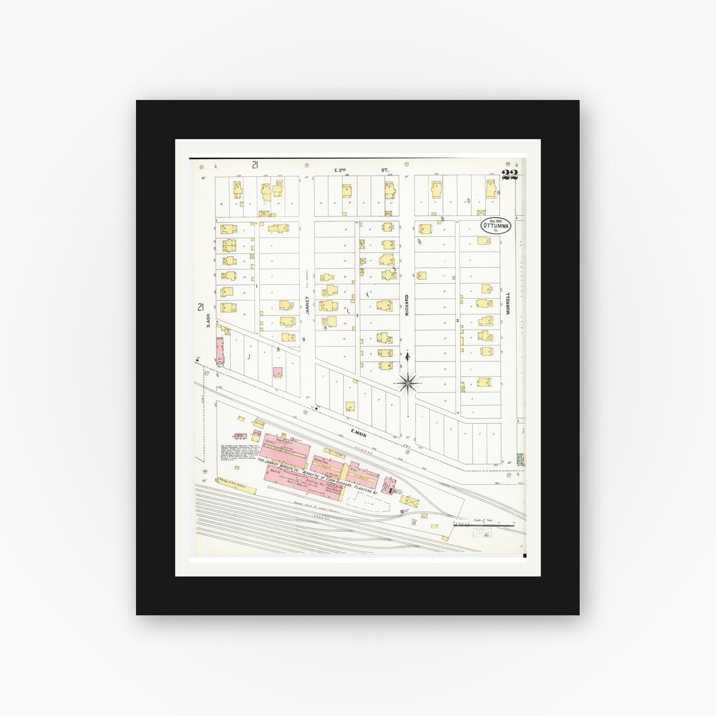 Old map wall art mockup β black gallery frame with white mat β Sanborn Fire Insurance Map from Ottumwa, Wapello County, Iowa (1902), Sheet #0022