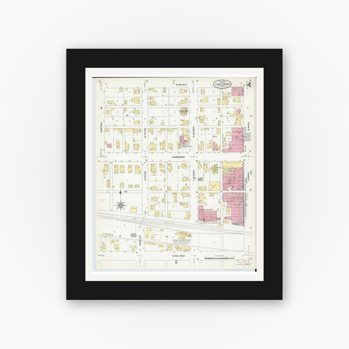 Old map wall art mockup — black gallery frame with white mat — Sanborn Fire Insurance Map from North Baltimore, Wood County, Ohio (1908), Sheet #0004
