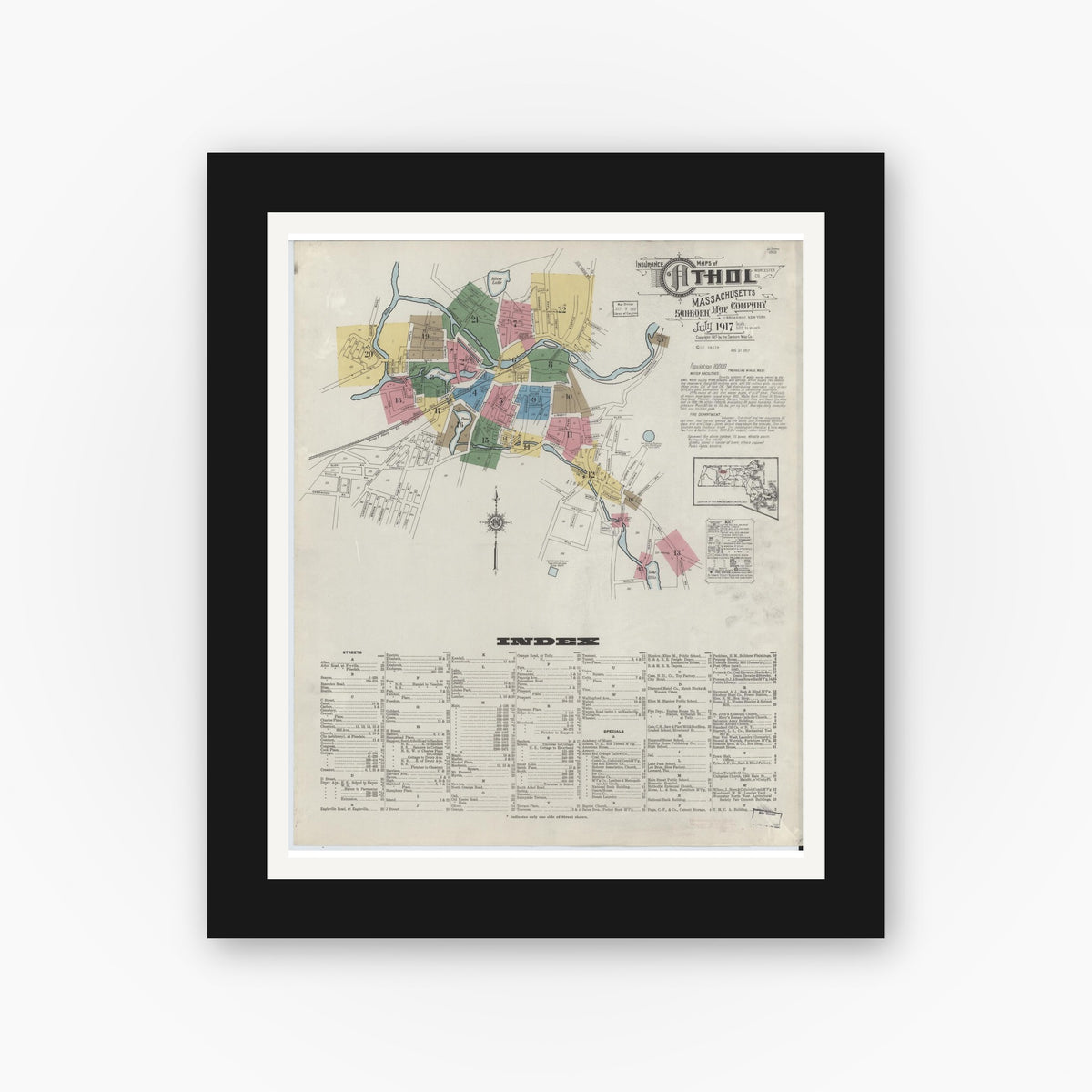 Old map wall art mockup — black gallery frame with white mat — Sanborn Fire Insurance Map from Athol, Worcester County, Massachusetts (1917), Sheet #0001