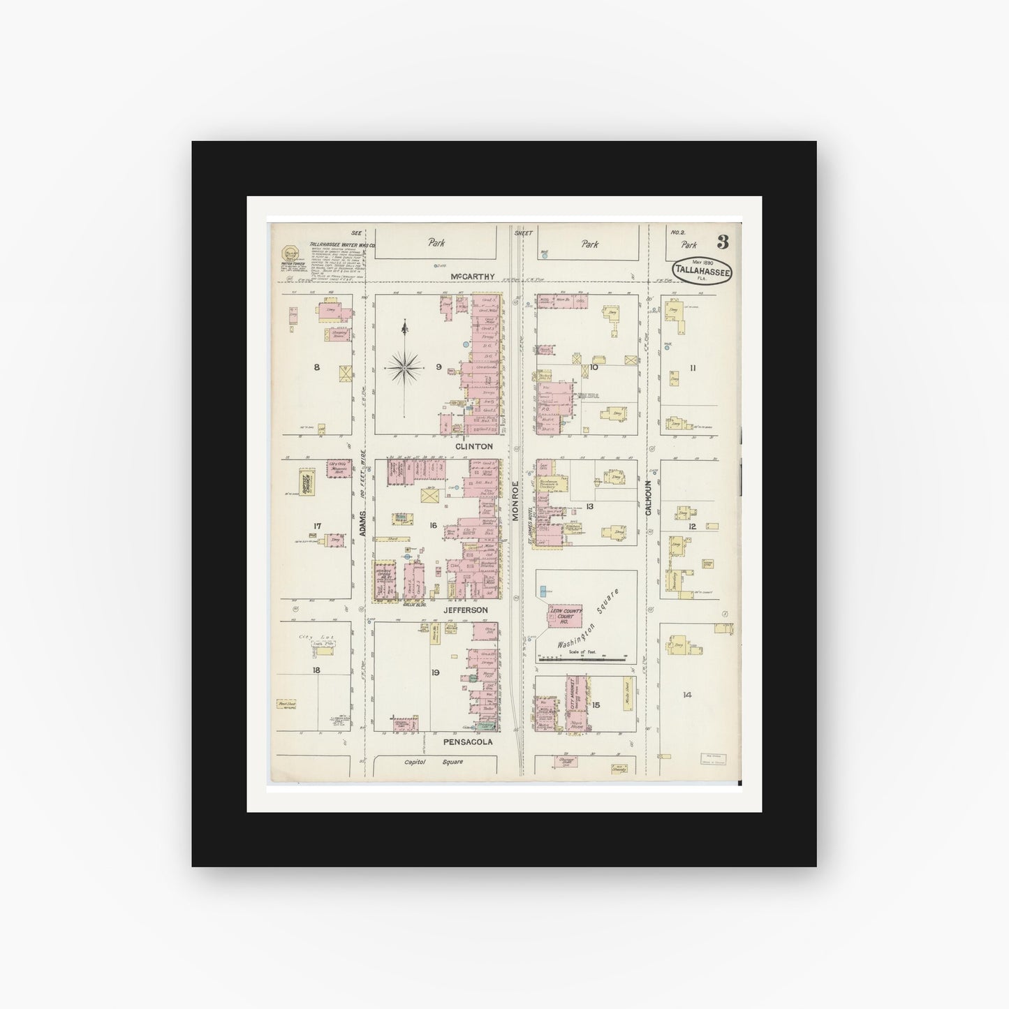 Old map wall art mockup — black gallery frame with white mat — Sanborn Fire Insurance Map from Tallahassee, Leon County, Florida (1890), Sheet #0003
