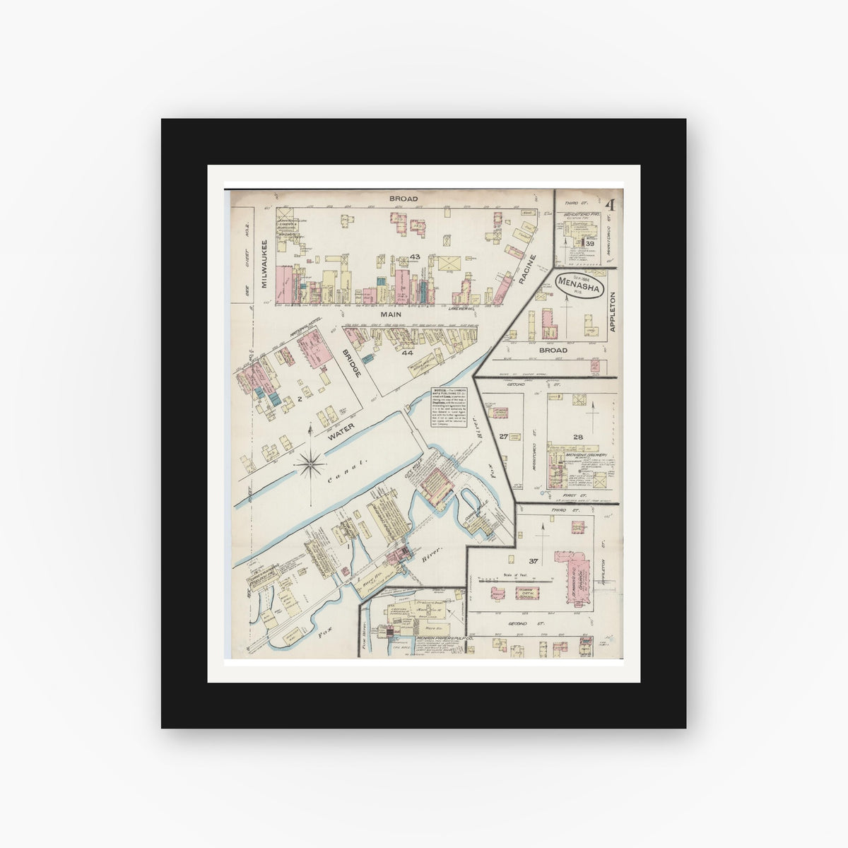 Old map wall art mockup — black gallery frame with white mat — Sanborn Fire Insurance Map from Menasha, Winnebago County, Wisconsin (1884), Sheet #0004